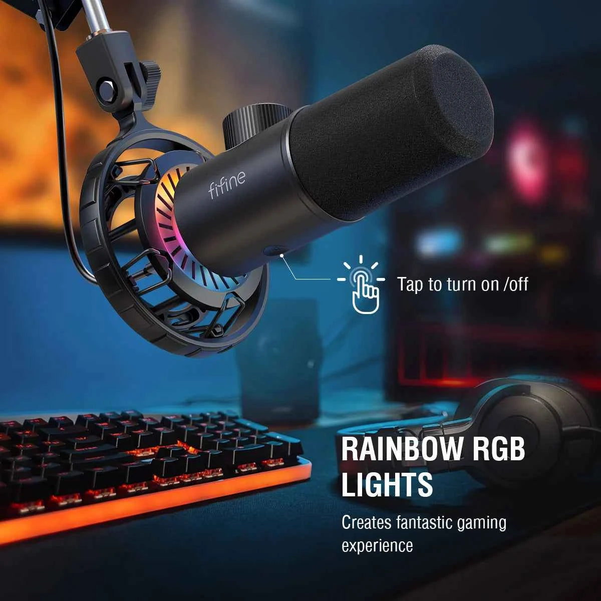 FIFINE gaming microphone with RGB lights, adjustable controls, and dynamic design for clear audio during gaming sessions