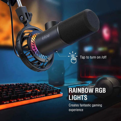 FIFINE gaming microphone with RGB lights, adjustable controls, and dynamic design for clear audio during gaming sessions