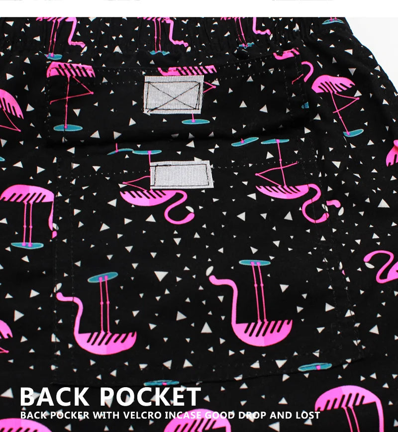 Men's polyester boardshorts from ShopHub NZ with colorful print, designed for surfing, swimming, and beachwear activities.