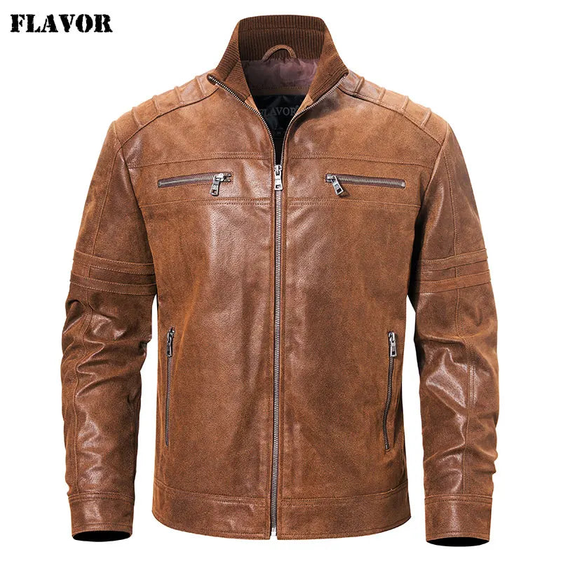 FLAVOR Men's Brown Leather Jacket – Stand-Collar Style