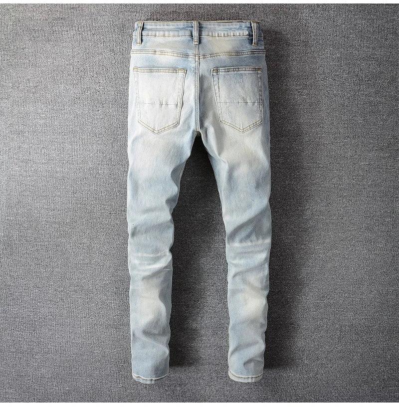 Men’s Light Blue Denim Ripped Patchwork Jeans - ShopHub