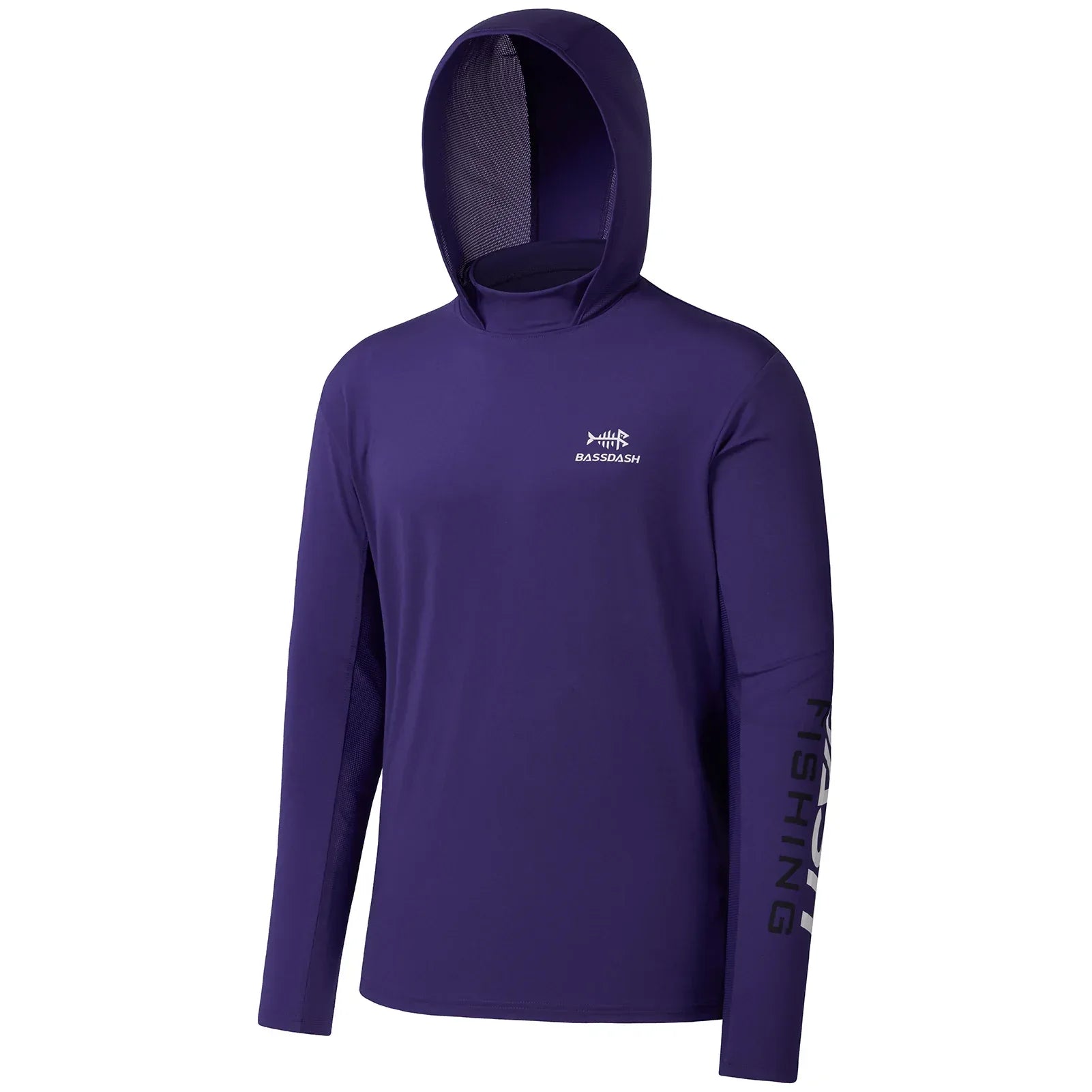 BASSDASH UPF 50+ Men’s UV Sun Protection Long Sleeve Hoodie Purple White Logo