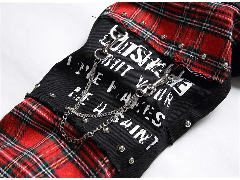 Men's Scotland Red Plaid Tartan Patchwork Jeans - ShopHub