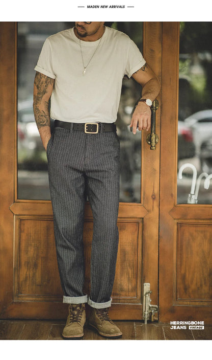 Maden Men's Vintage 12.8oz Grey Striped Jeans Straight Zip Fly with Pockets Tapered Pants Versatile Herringbone Cotton Trousers