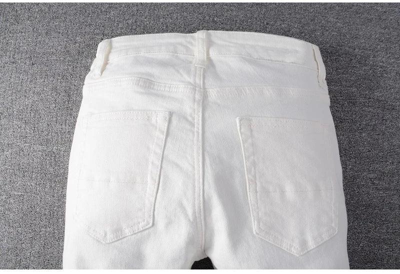 Sokotoo Men's White Crystal Holes Ripped Jeans - ShopHub