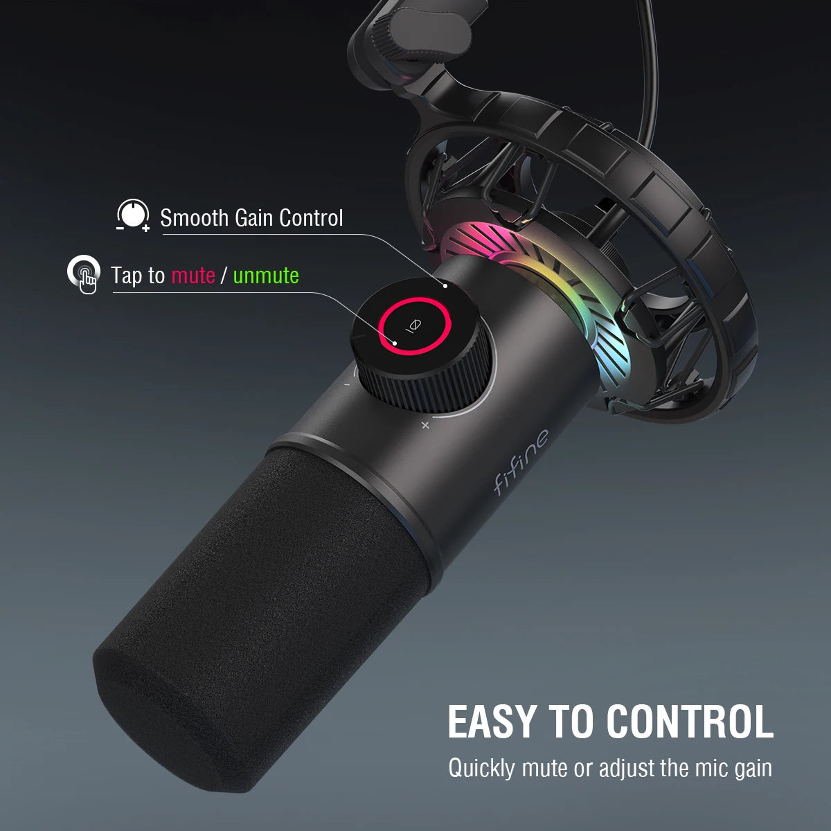FIFINE gaming microphone with RGB lights and easy controls, black dynamic mic ideal for streaming and gaming setups