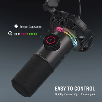 FIFINE gaming microphone with RGB lights and easy controls, black dynamic mic ideal for streaming and gaming setups