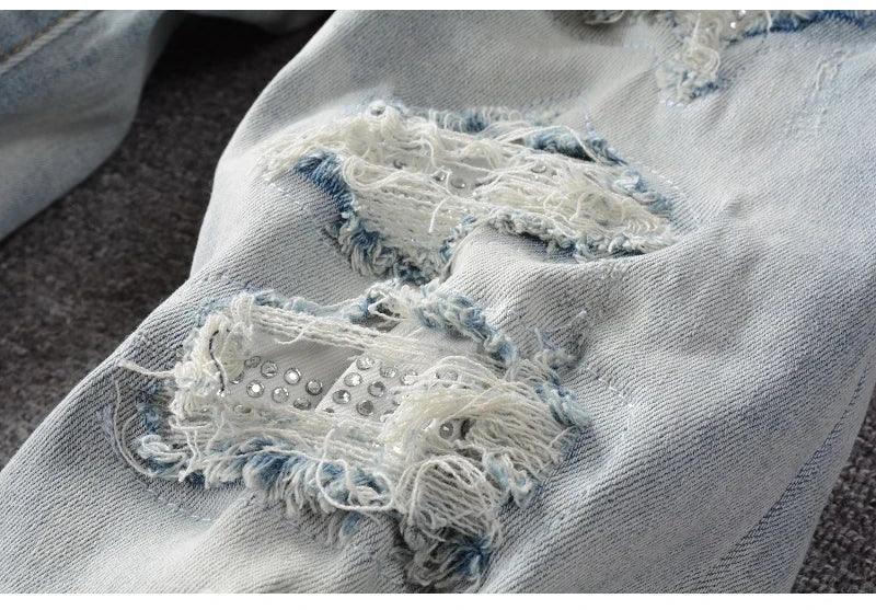 Men’s Light Blue Denim Ripped Patchwork Jeans - ShopHub