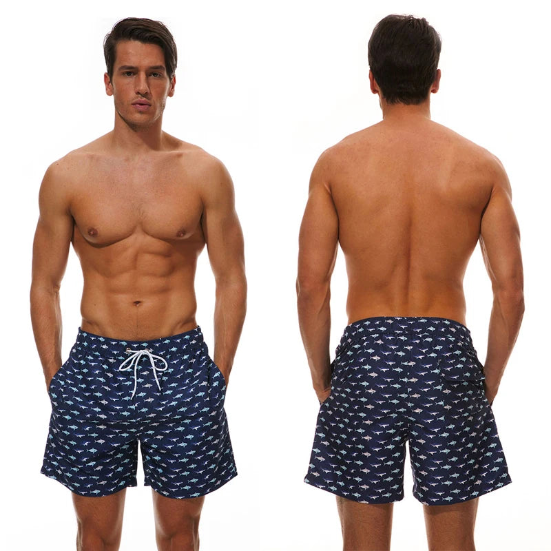 Men's summer swimming shorts with colorful print, polyester fabric, mesh liner, suitable for gym, running, and sport activities.