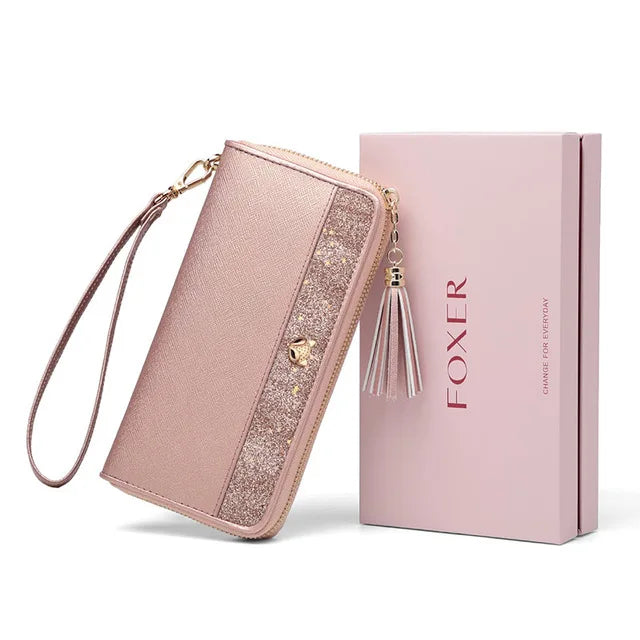 FOXER Women's Glitter Split Leather Long Wallet