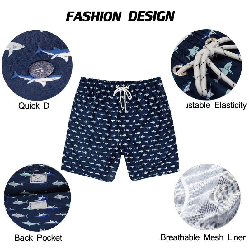 Men's summer swimming shorts with colorful print, polyester fabric, mesh liner, suitable for sports, gym, running, and swimming.