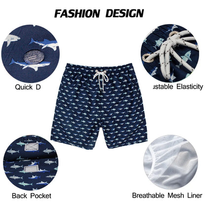 Men's summer swimming shorts with colorful print, polyester fabric, mesh liner, suitable for sports, gym, running, and swimming.