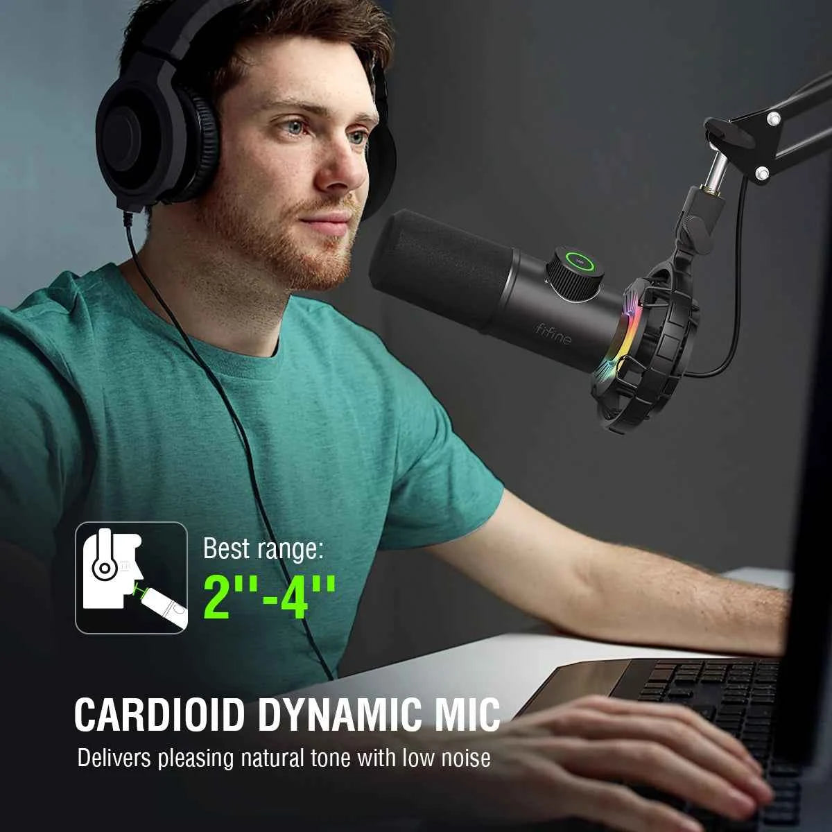 FIFINE gaming microphone with RGB lights and easy controls, featuring dynamic microphone design for clear audio in gaming setups.