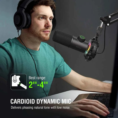 FIFINE gaming microphone with RGB lights and easy controls, featuring dynamic microphone design for clear audio in gaming setups.