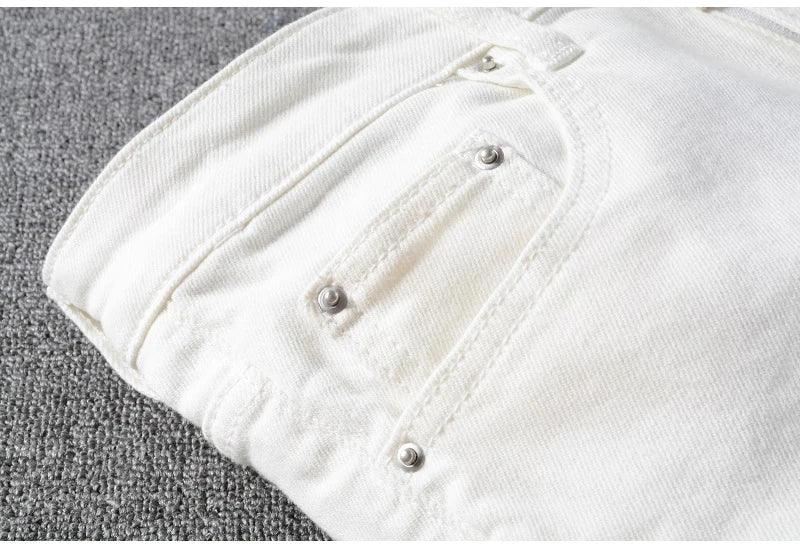 Sokotoo Men's White Crystal Holes Ripped Jeans - ShopHub