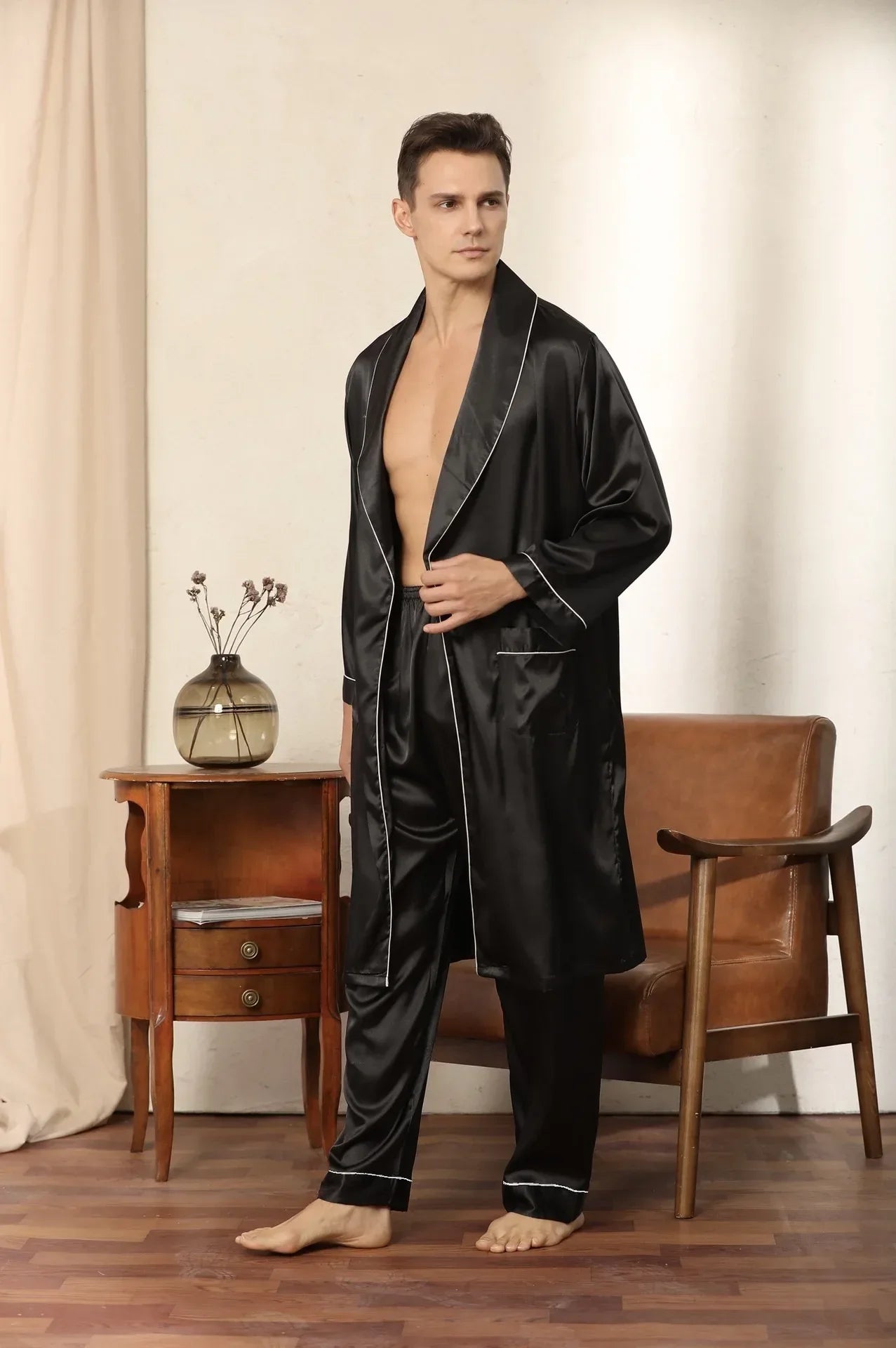 Men’s Satin Kimono Robe Gown With Pants Or Shorts - ShopHub