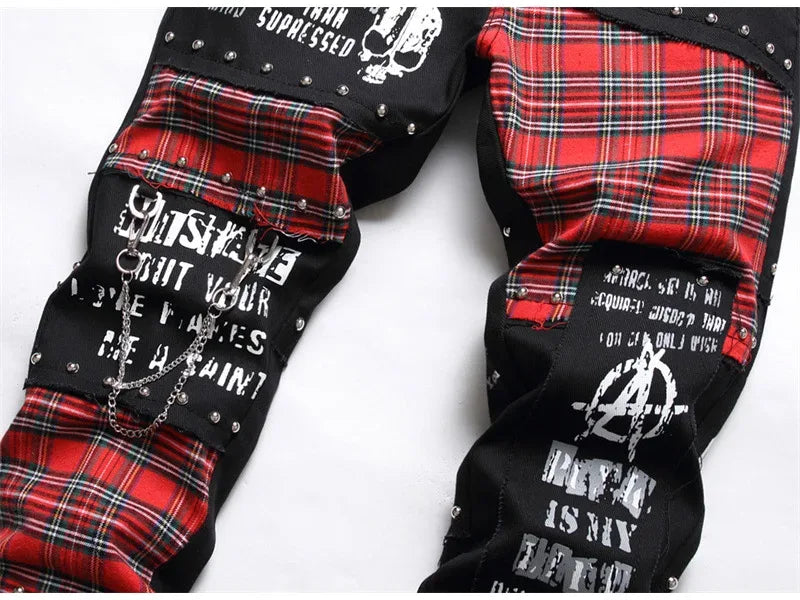 Men's Scotland Red Plaid Tartan Patchwork Jeans - ShopHub