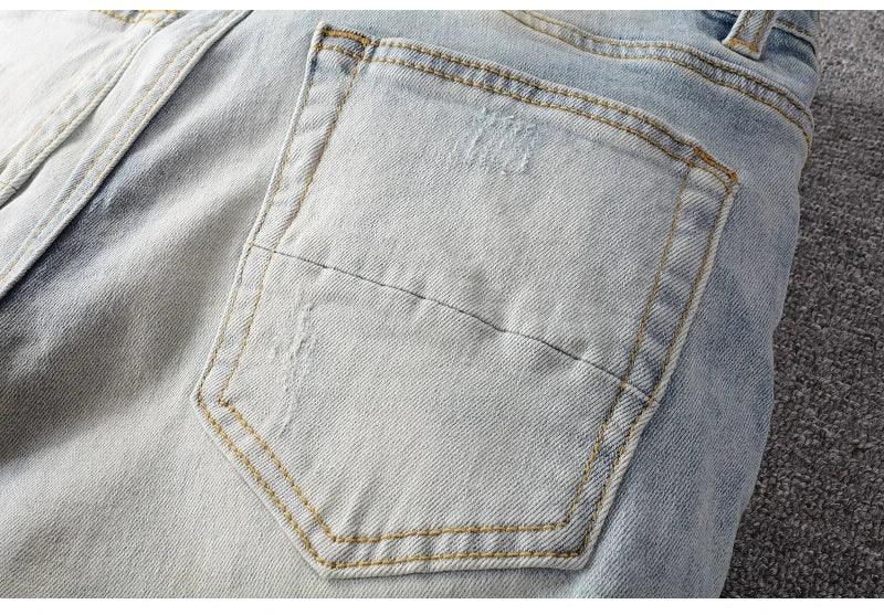 Men’s Light Blue Denim Ripped Patchwork Jeans - ShopHub