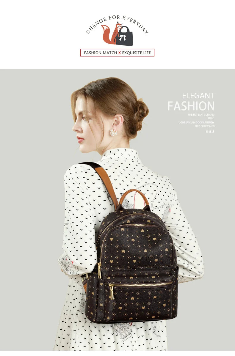 FOXER Women Backpack Signature PVC Printing Fashion Backpack Lady Travel Rucksack Female Retro Monogram Business Laptop Backpack