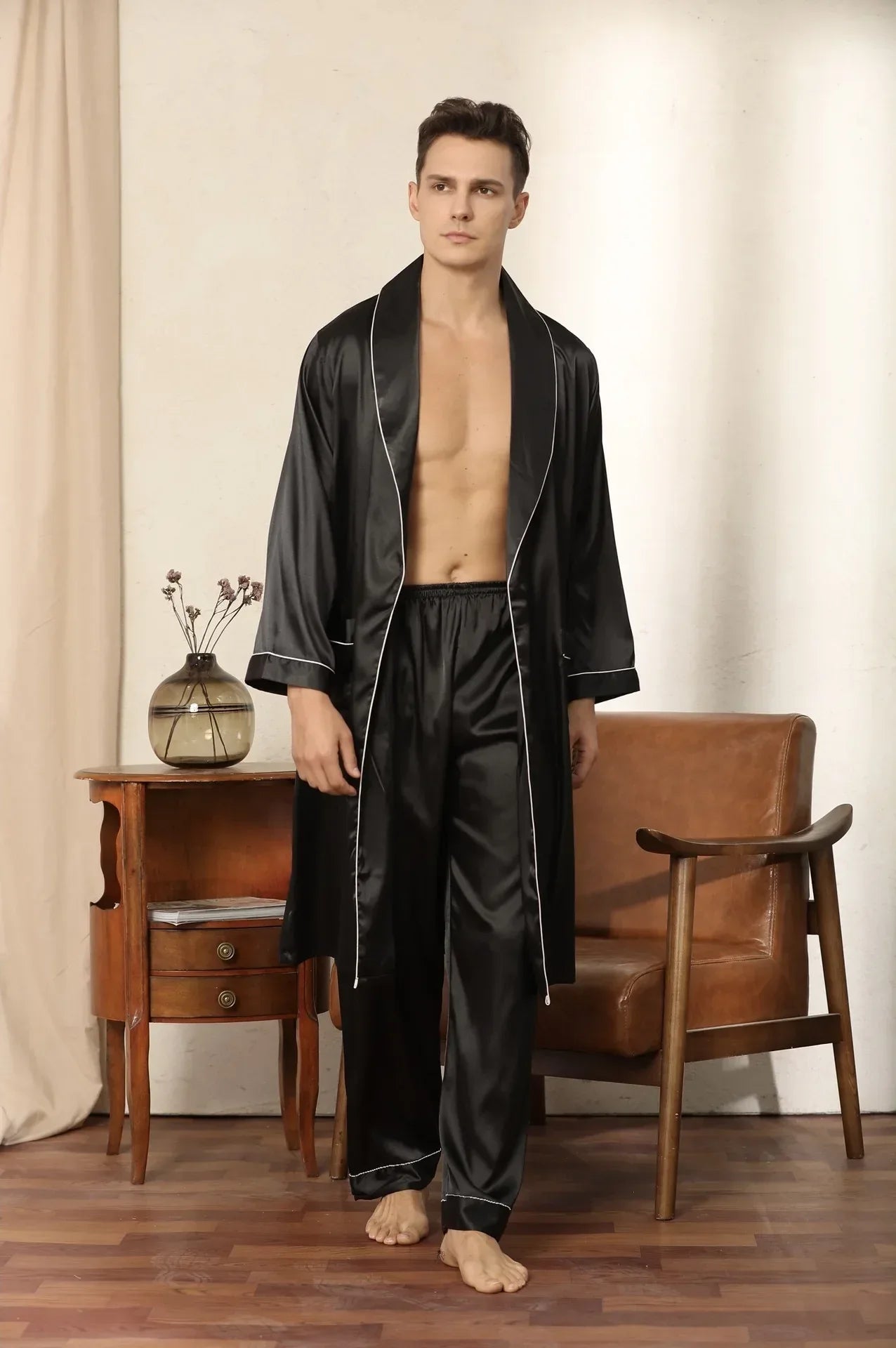 Men’s Satin Kimono Robe Gown With Pants Or Shorts - ShopHub