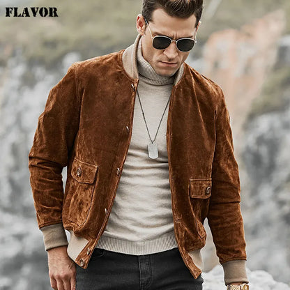 FLAVOR Men's Brown Leather Rib-Cuff Jacket