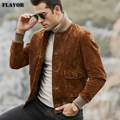 FLAVOR Men's Brown Leather Rib-Cuff Jacket