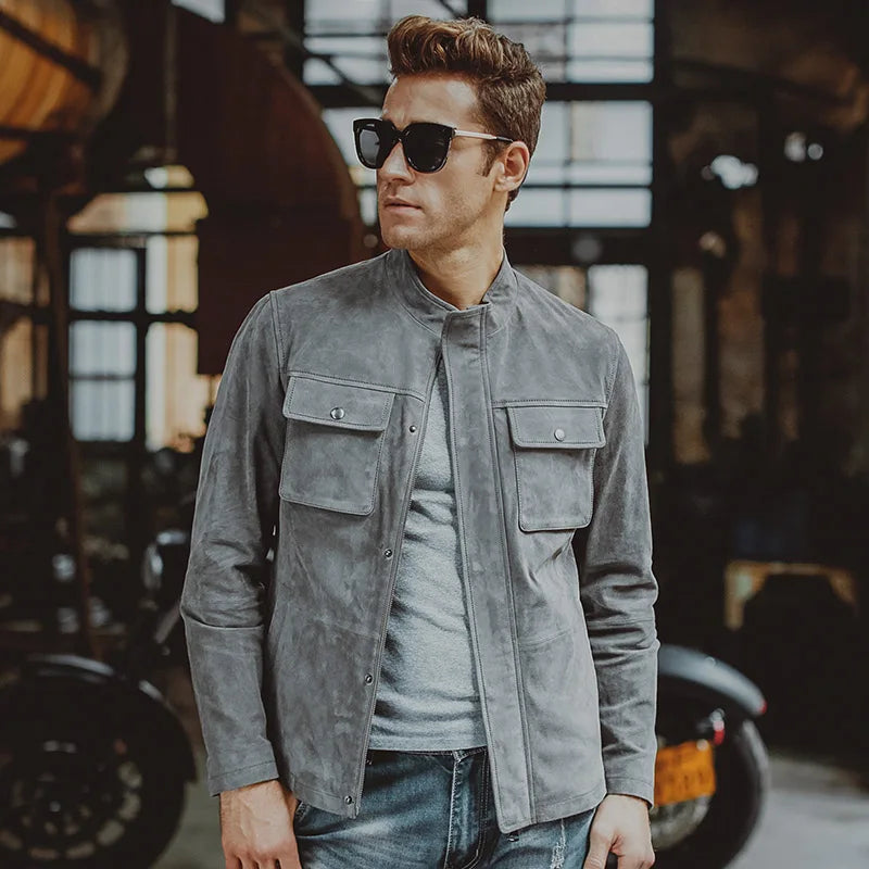 FLAVOR Men's Grey Leather Moto-Style Jacket