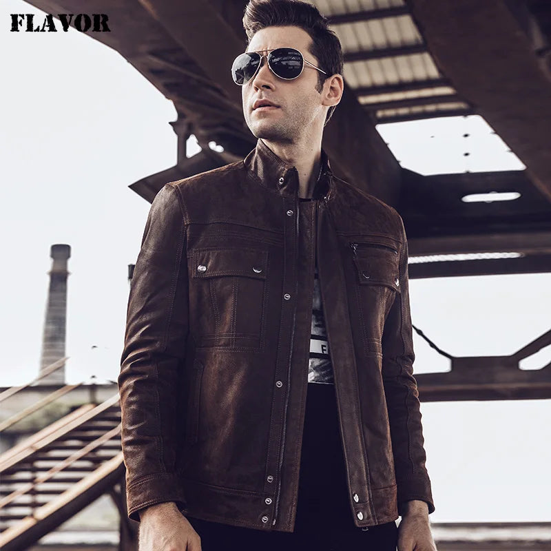 FLAVOR Men's Retro Brown Distressed Leather Jacket