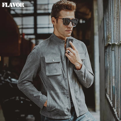 FLAVOR Men's Grey Leather Moto-Style Jacket