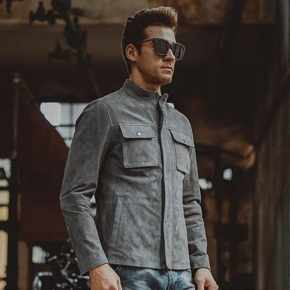 FLAVOR Men's Grey Leather Moto-Style Jacket