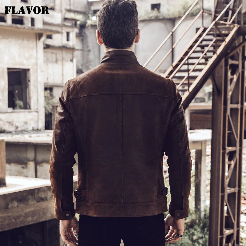 FLAVOR Men's Retro Brown Distressed Leather Jacket