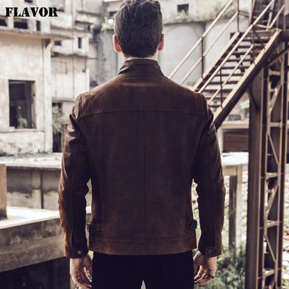 FLAVOR Men's Retro Brown Distressed Leather Jacket