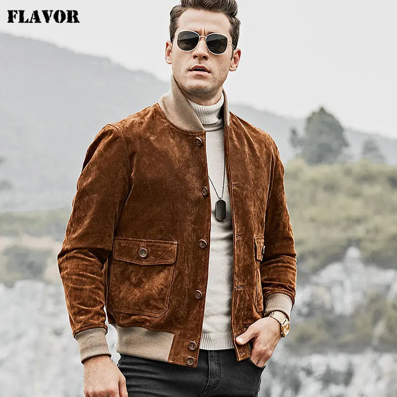 FLAVOR Men's Brown Leather Rib-Cuff Jacket