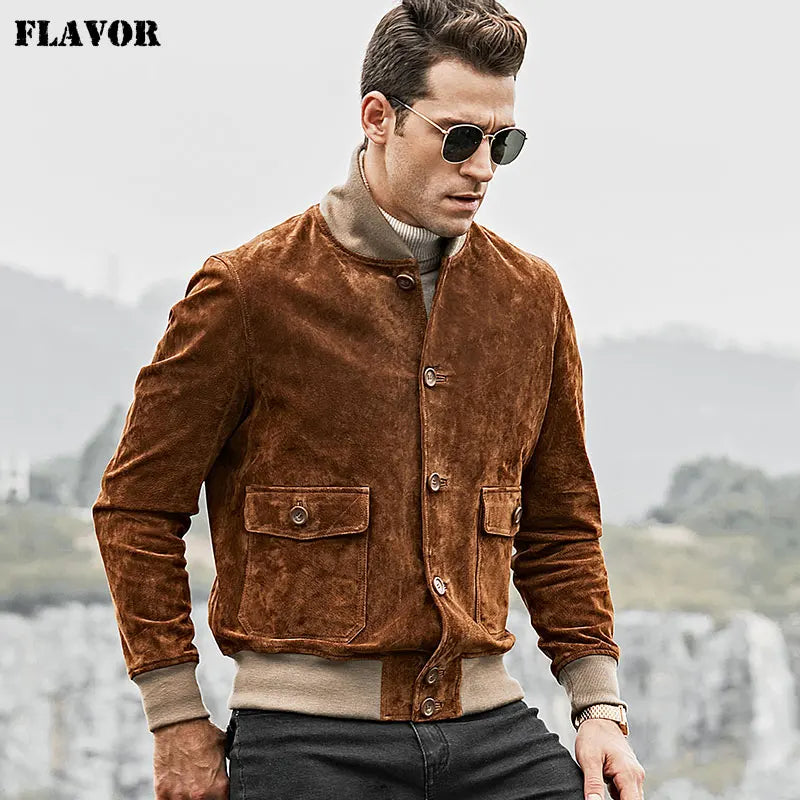 FLAVOR Men's Brown Leather Rib-Cuff Jacket