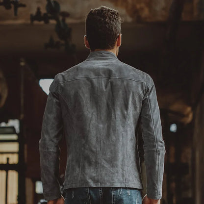 FLAVOR Men's Grey Leather Moto-Style Jacket