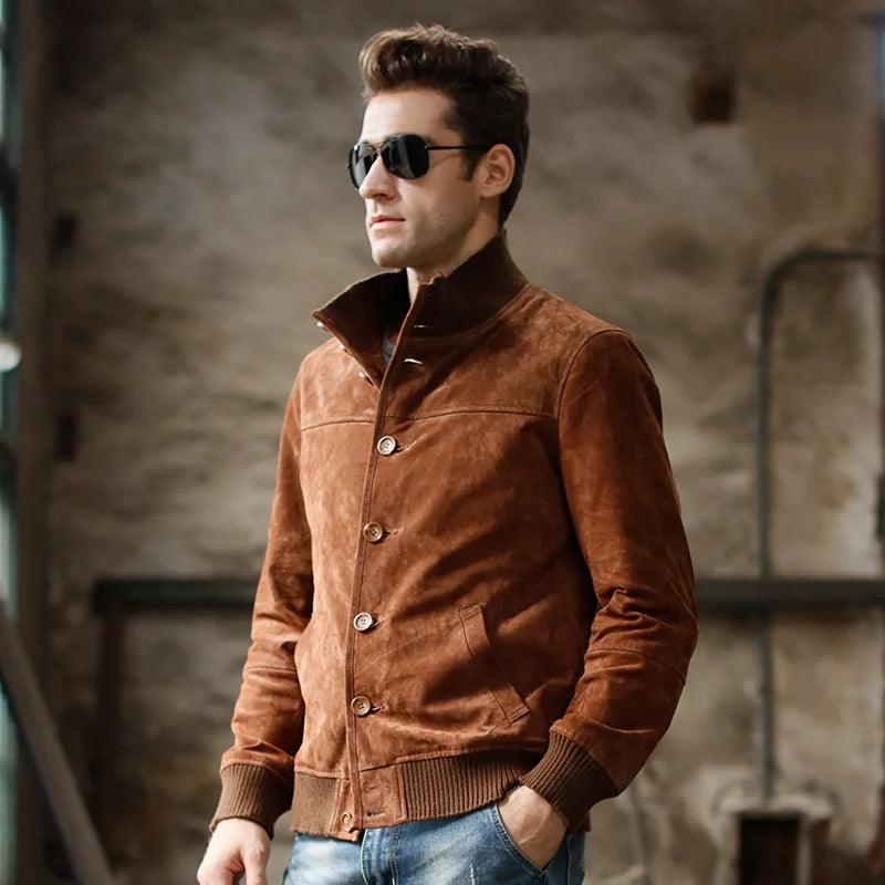 FLAVOR Men's Genuine Leather Mandarin Collar Jacket
