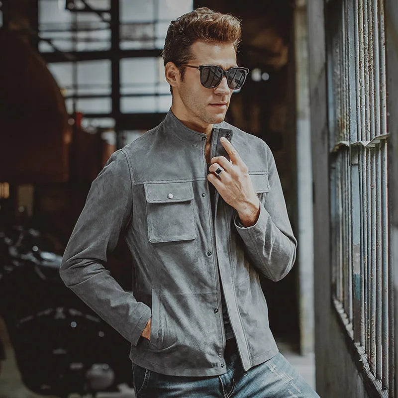 FLAVOR Men's Grey Leather Moto-Style Jacket