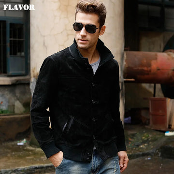 FLAVOR Men's Genuine Leather Mandarin Collar Jacket