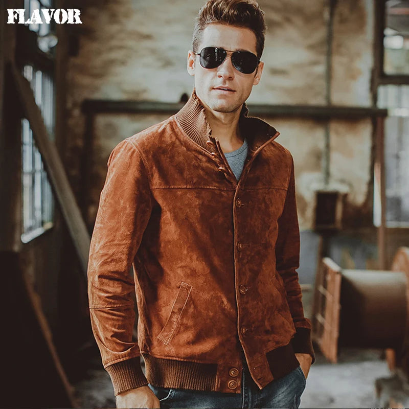 FLAVOR Men's Genuine Leather Mandarin Collar Jacket