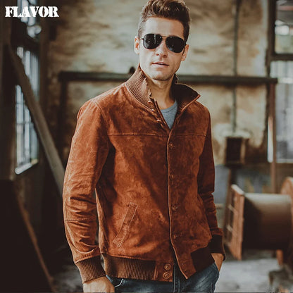 FLAVOR Men's Genuine Leather Mandarin Collar Jacket