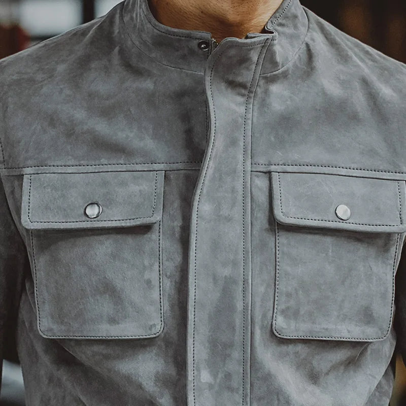 FLAVOR Men's Grey Leather Moto-Style Jacket
