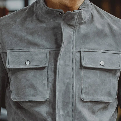FLAVOR Men's Grey Leather Moto-Style Jacket