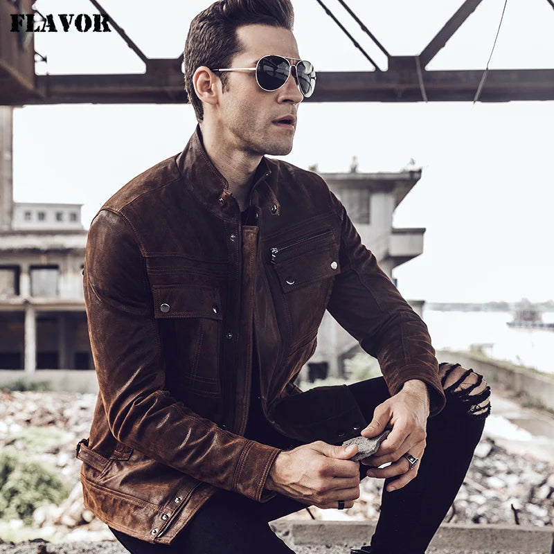 FLAVOR Men's Retro Brown Distressed Leather Jacket