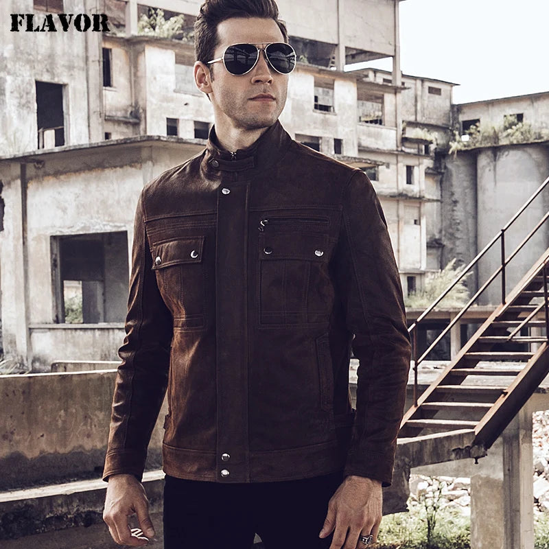 FLAVOR Men's Retro Brown Distressed Leather Jacket
