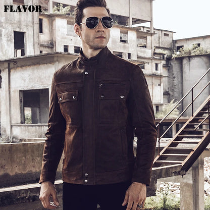 FLAVOR Men's Retro Brown Distressed Leather Jacket