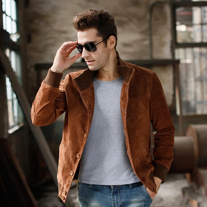 FLAVOR Men's Genuine Leather Mandarin Collar Jacket