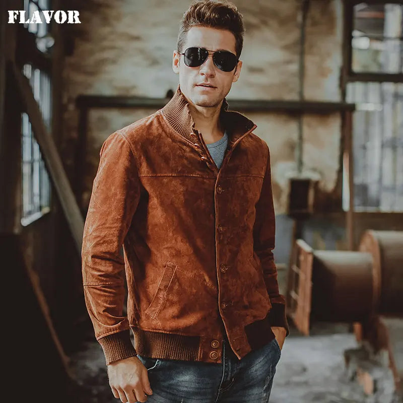 FLAVOR Men's Genuine Leather Mandarin Collar Jacket