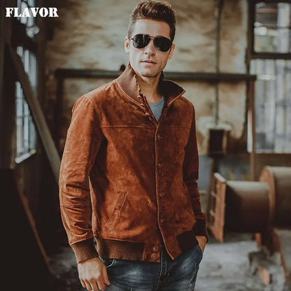 FLAVOR Men's Genuine Leather Mandarin Collar Jacket