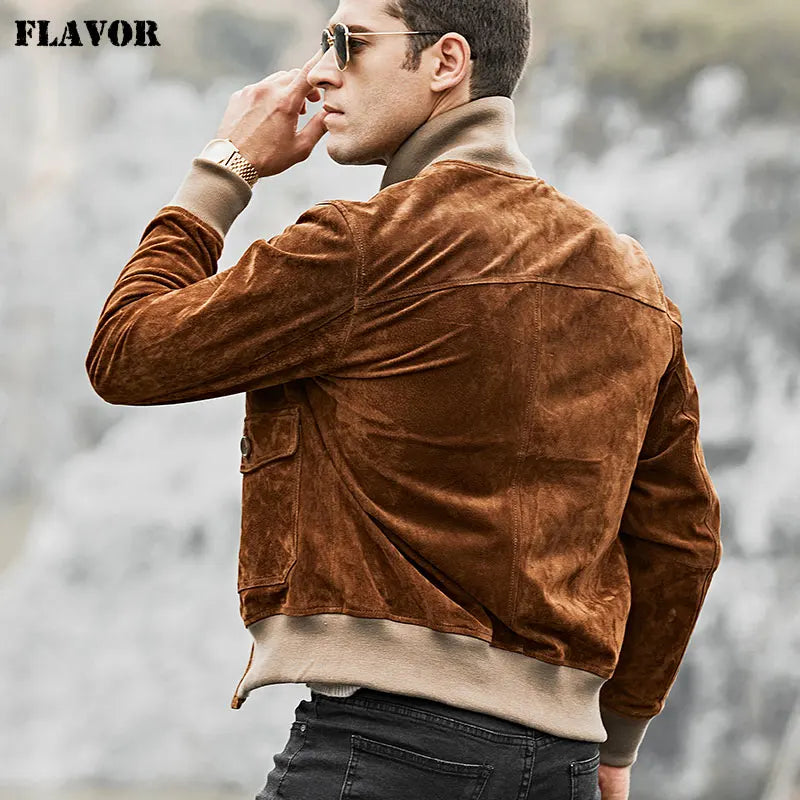 FLAVOR Men's Brown Leather Rib-Cuff Jacket