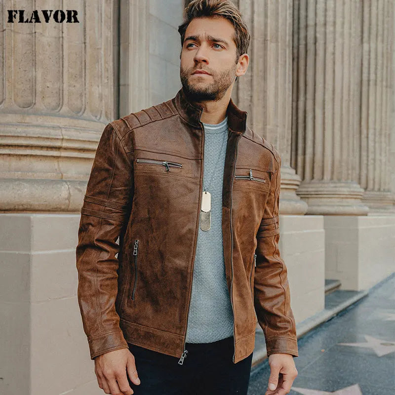 FLAVOR Men's Brown Leather Jacket – Stand-Collar Style